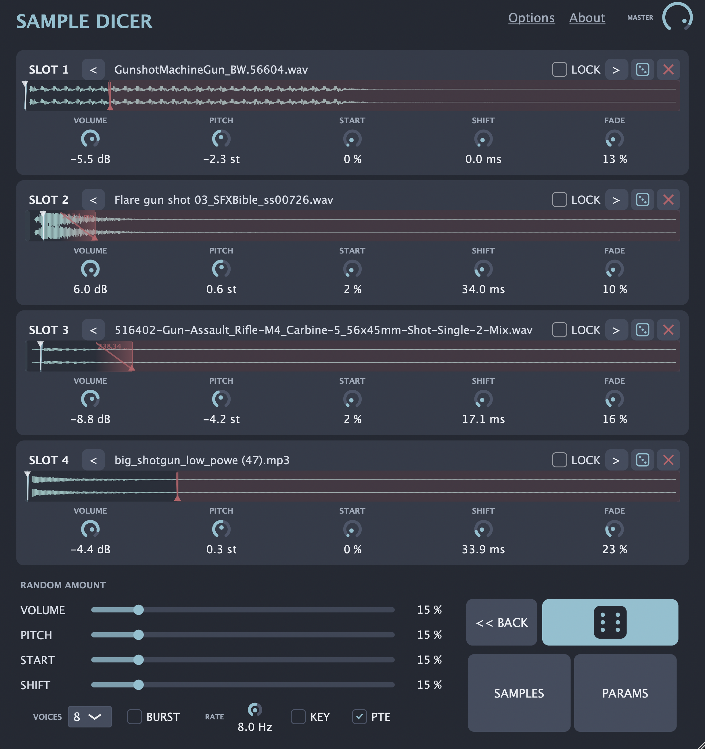 Sample Dicer plugin interface with four waveform slots and randomisation controls